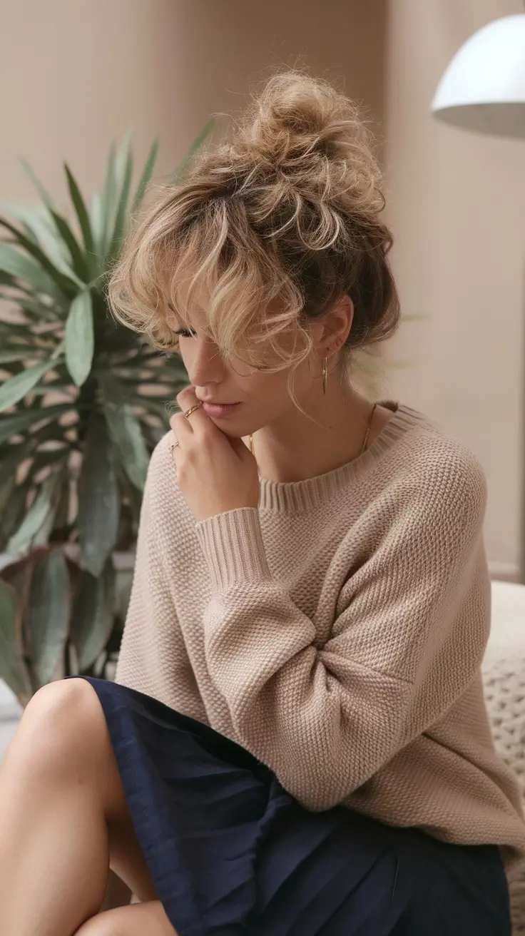 A woman with messy curly hair styled in a high top knot, wearing a cozy sweater and seated near a plant.