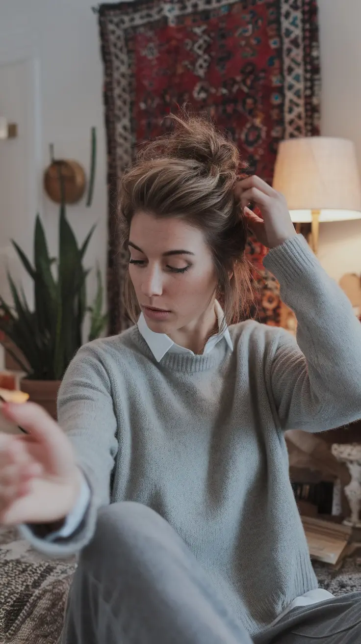 A woman with a messy top knot hairstyle, sitting in a cozy home setting.