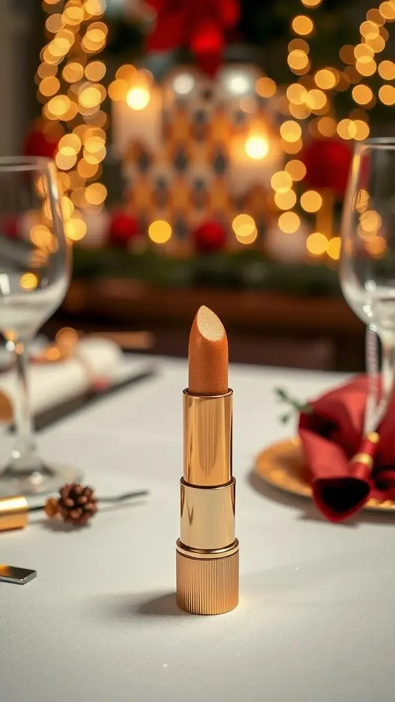 A metallic gold lipstick on a festive table setting with a bokeh background of lights.