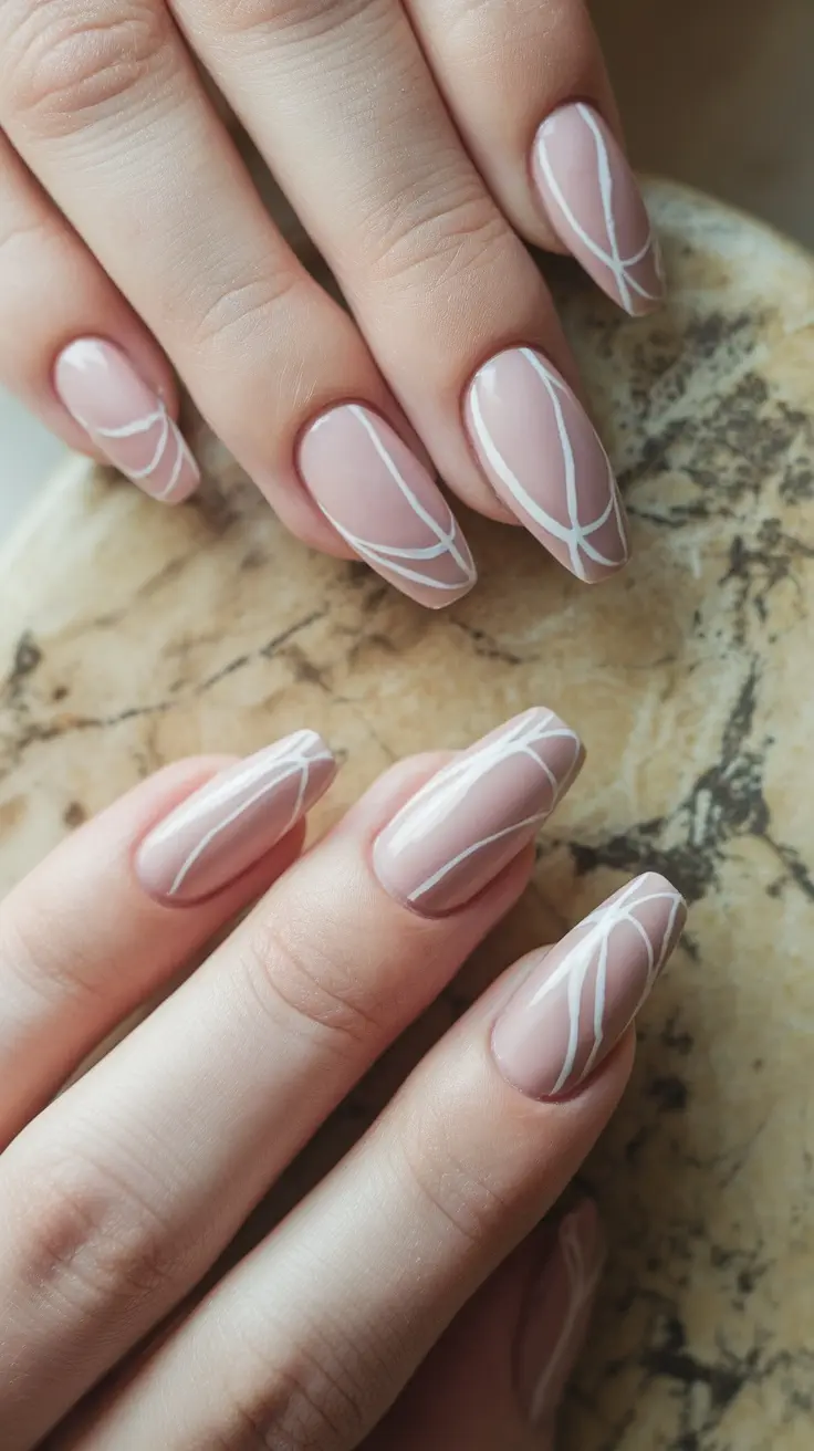 Minimalist French tip nail design with light pink base and white lines.