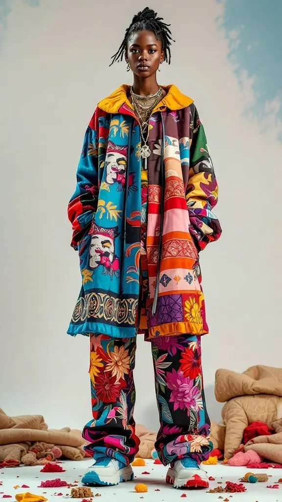 A model showcasing a vibrant outfit with mixed patterns and textures, featuring an oversized jacket and matching pants, adorned with various floral and abstract designs.