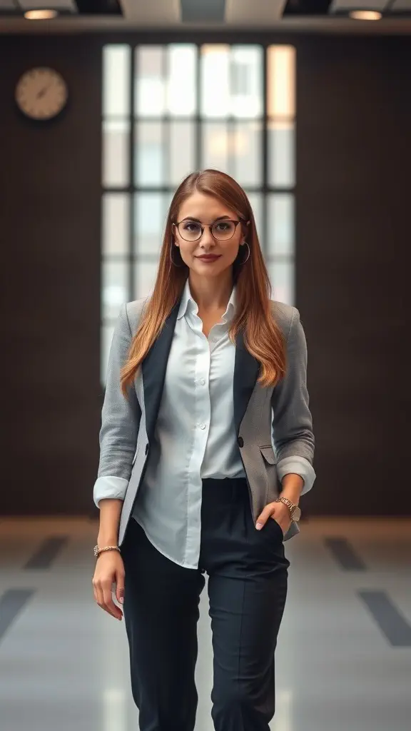 A woman in a modern office attire, featuring a gray blazer, white shirt, and tailored pants, standing confidently in a stylish office space.