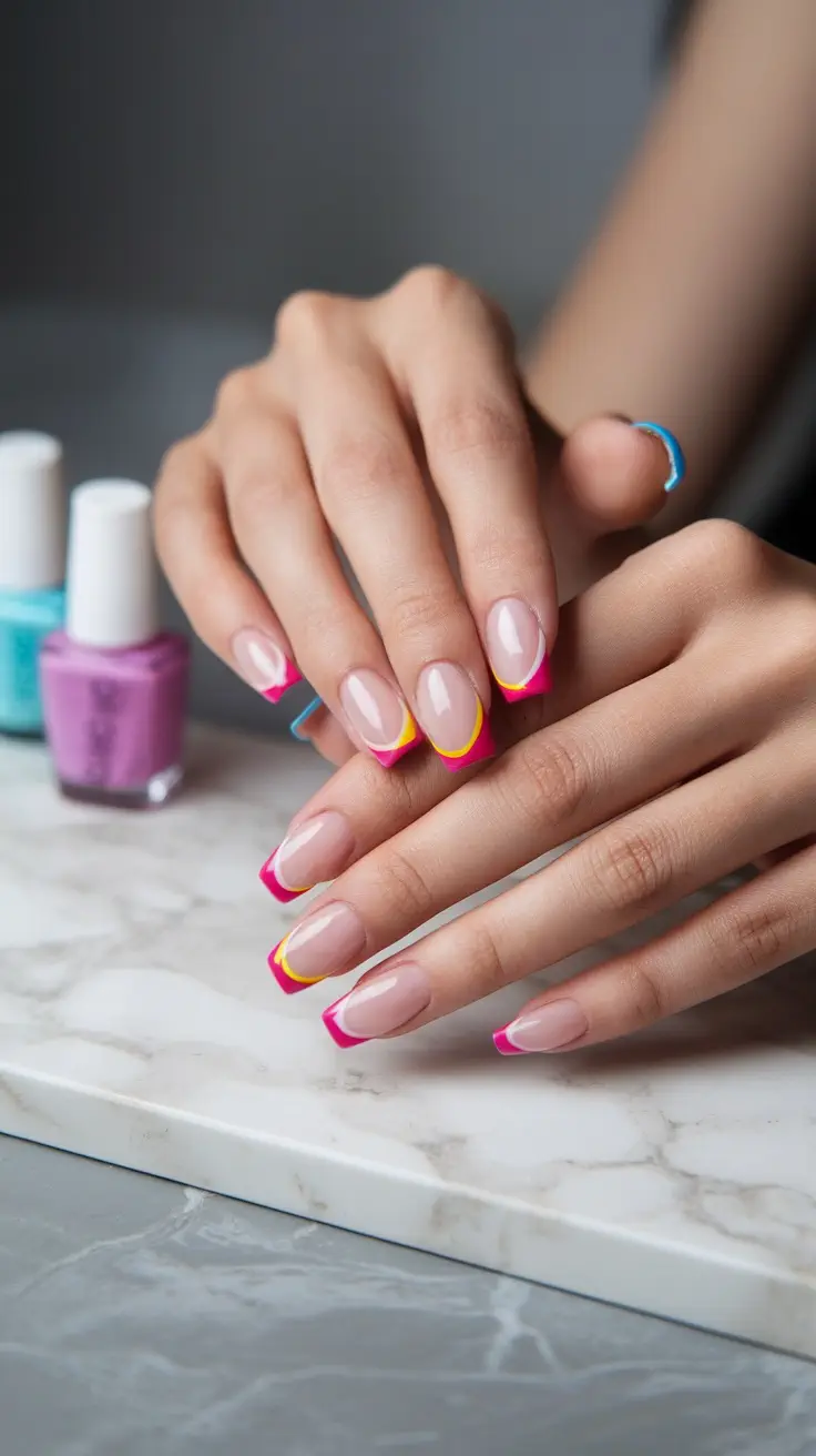 A hand with colorful French tip nails featuring pink and yellow tips, with a touch of blue on one nail. There are nail polish bottles in the background.