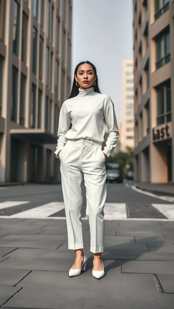A woman in a monochromatic all-white outfit standing confidently on a city street.