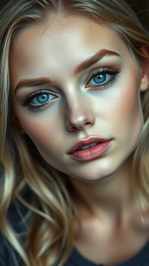 A close-up of a woman with blue eyes and blonde hair showcasing a natural makeup look with defined brows.