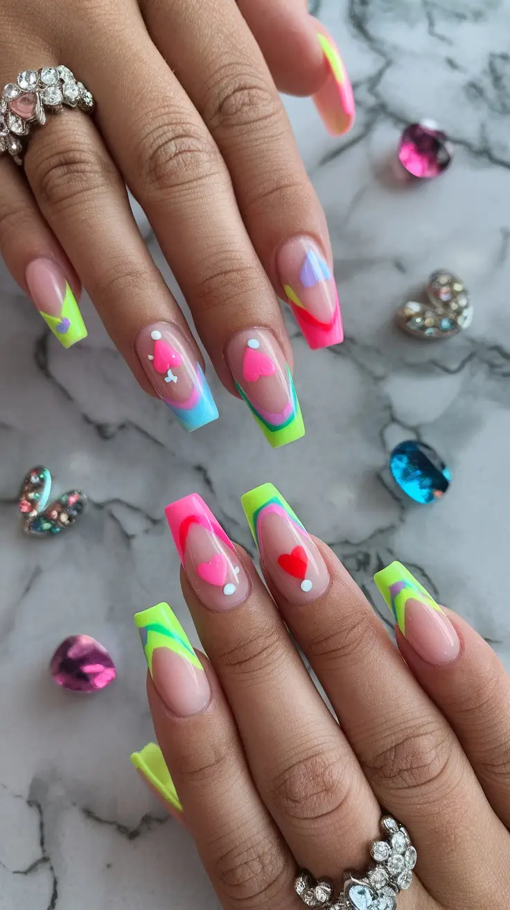 Vibrant neon French tip nails with heart designs and playful colors