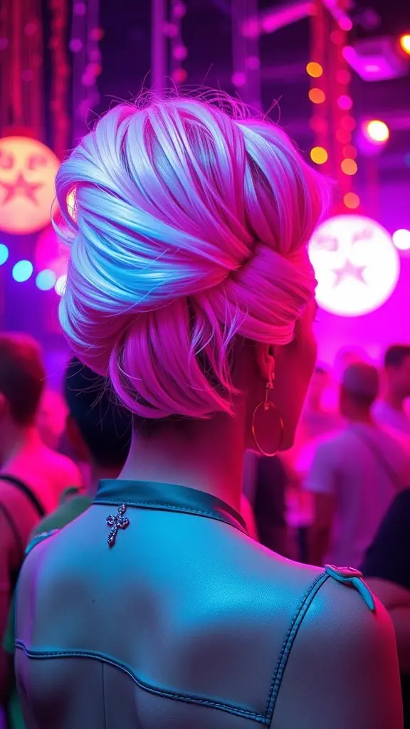 A vibrant neon pink updo hairstyle, viewed from the back, with party lights and crowds in the background.