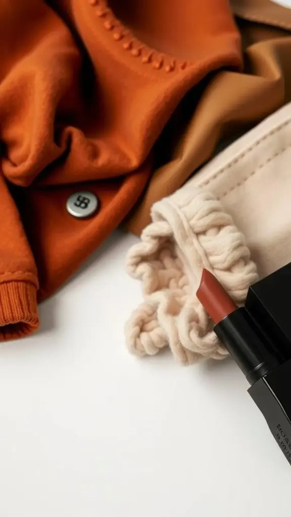 A neutral brown lipstick placed next to cozy orange and beige fabrics.