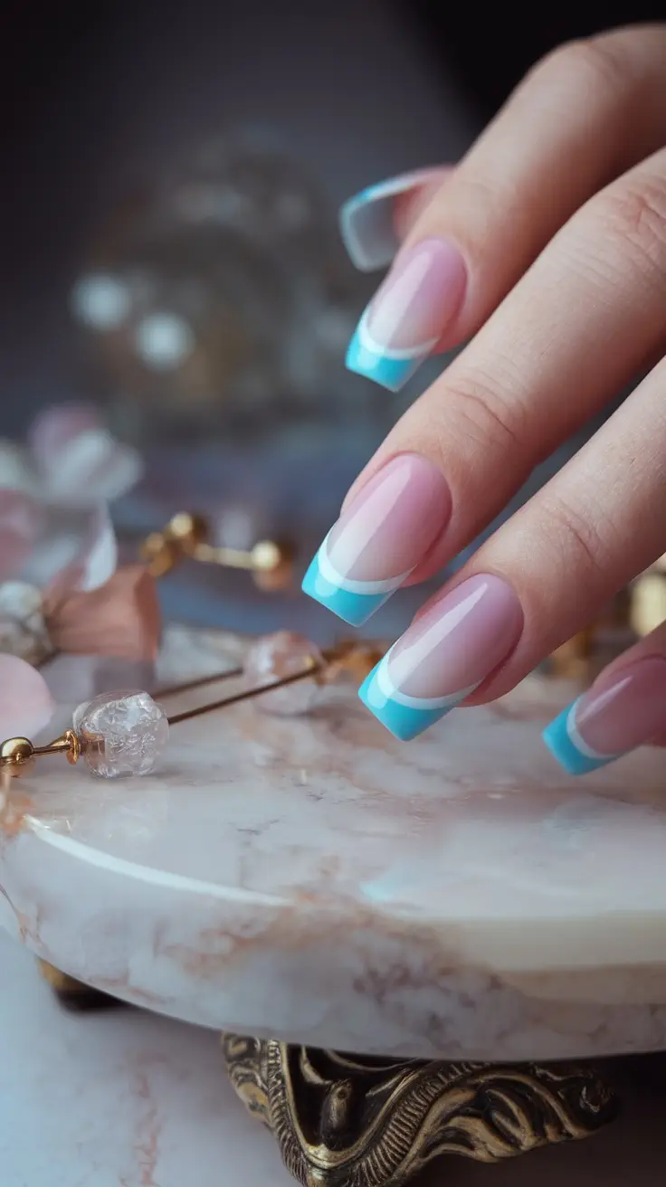 A close-up of a hand with ombre French tip nails, transitioning from pink to blue, set against a marble background.