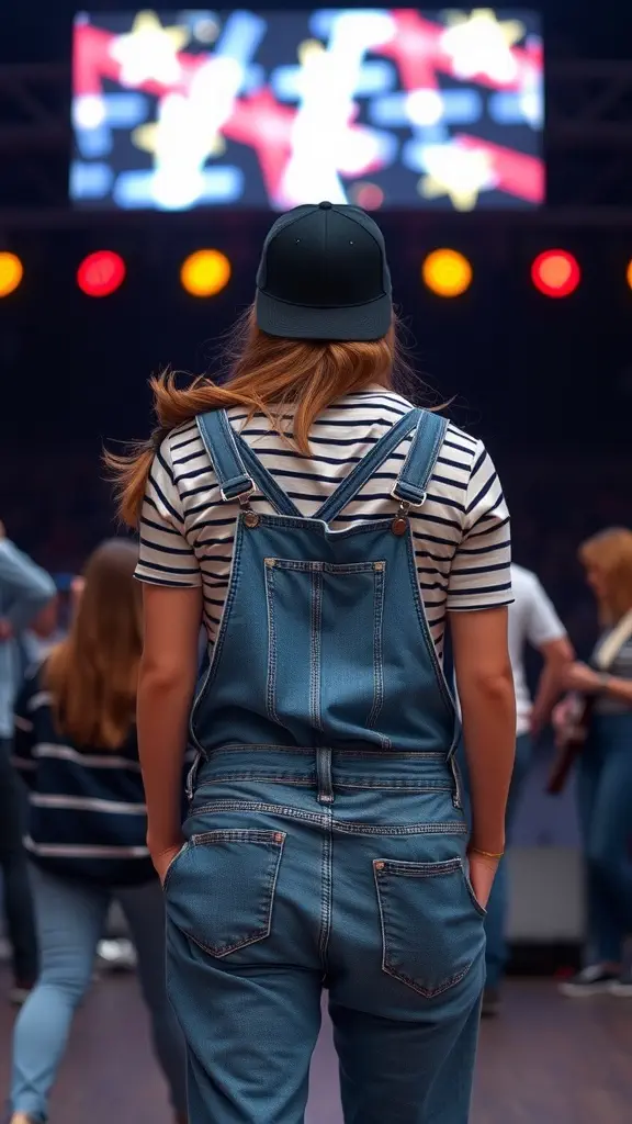 Woman wearing denim overalls and a striped top at a concert
