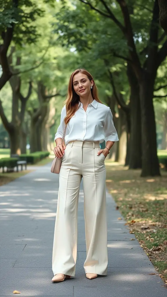 A person wearing pastel-colored wide-leg trousers with a white shirt, standing in a park.