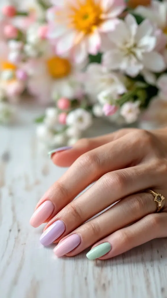 A hand with pastel-colored nails featuring pink, lavender, and mint green shades, surrounded by flowers.