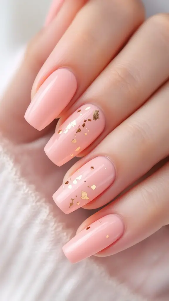 Pastel pink nails with gold foil accents