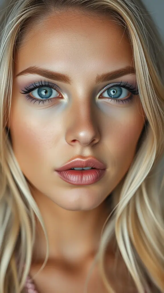 A close-up of a woman with blonde hair and blue eyes wearing pastel purple eyeshadow.
