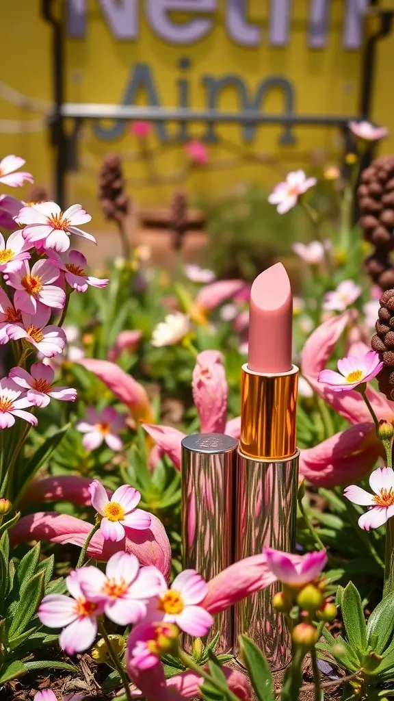 A peachy pink lipstick tube surrounded by vibrant pink flowers in a spring setting.