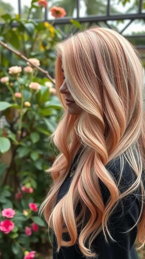 A woman with long peachy pink hair standing in front of flowers.
