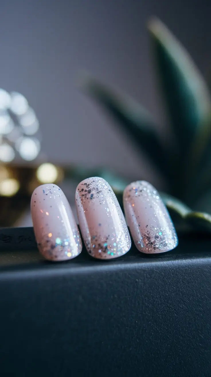 Three pearl white nails with glitter accents on a black surface