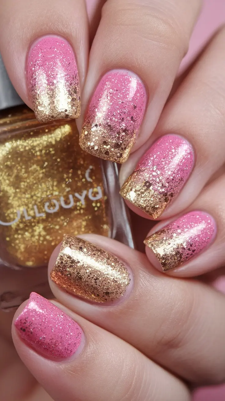 Nails featuring a pink base with a gold glitter fade.