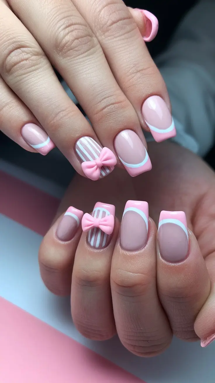 Nail design featuring pink and white stripes with bows