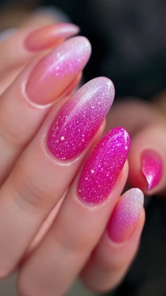 Nails featuring a pink glitter gradient design with hearts and script