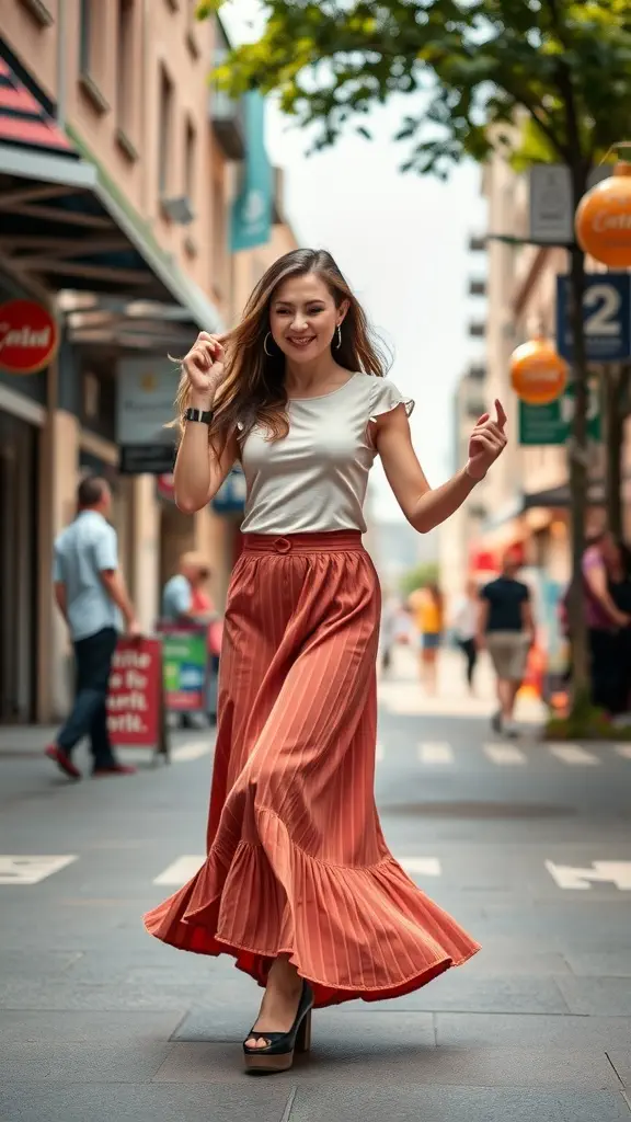 A woman wearing a flowy, pleated coral skirt and a simple top, smiling as she walks down a street.