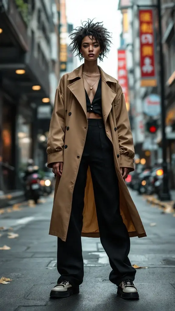 A model wearing a beige trench coat, black wide-leg trousers, and a cropped top, standing on a busy street.