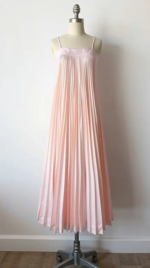 A pleated midi skirt in soft pastel colors hanging on a mannequin.