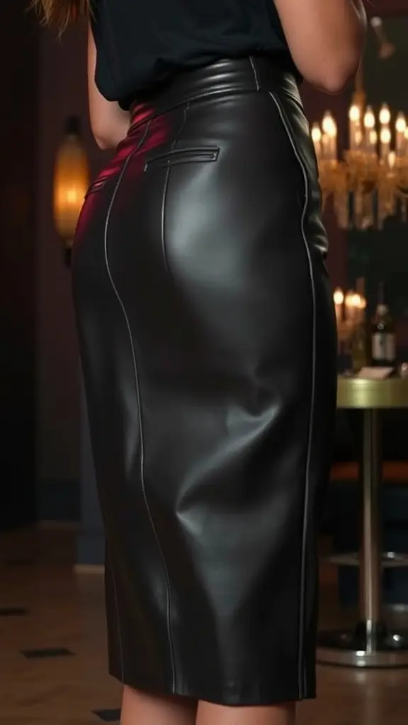 A mannequin displaying a stylish pleather pencil skirt in a chic indoor setting.