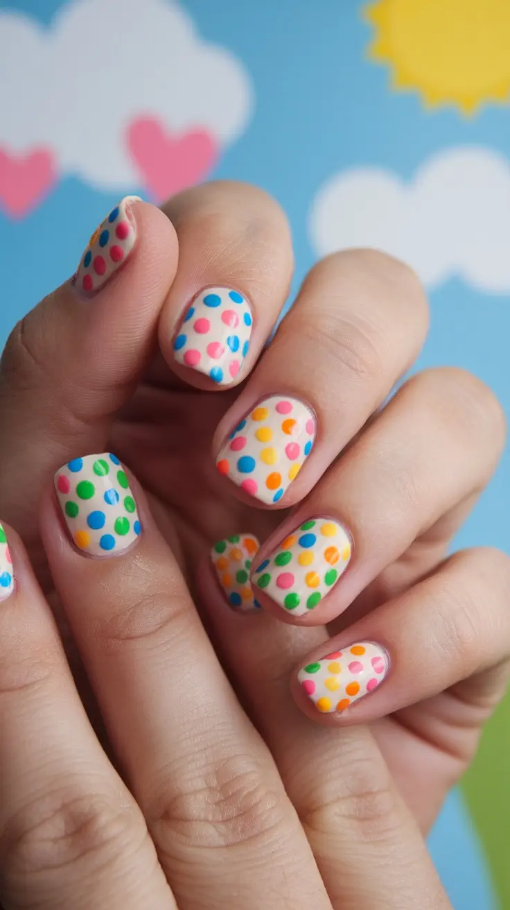 Colorful polka dot nail art on hands with a cheerful background