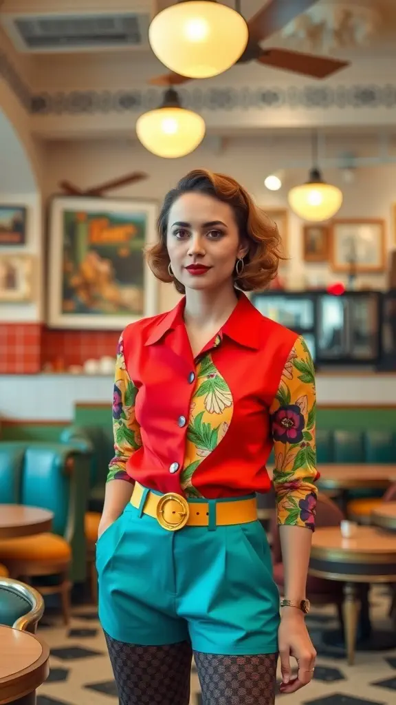 A woman in a retro-inspired outfit featuring a red blouse with floral sleeves and turquoise shorts, set in a vibrant cafe.