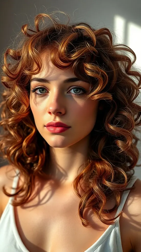 A woman with rich chestnut brown curly hair looking confidently at the camera.