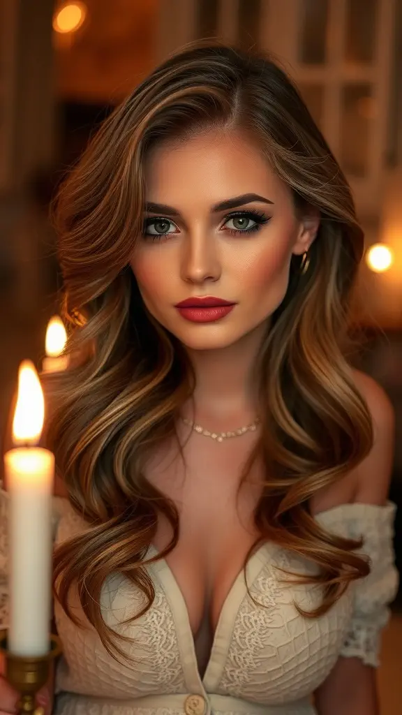 A woman with romantic loose waves, holding a candle in a cozy setting.