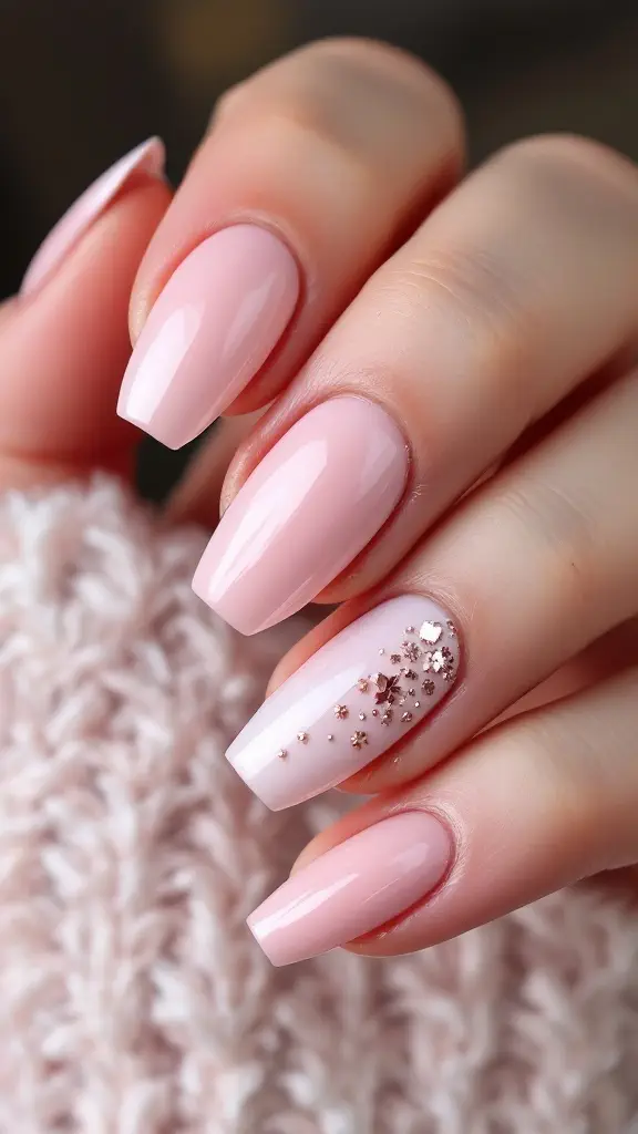 Nails with rose gold and pink combination featuring polka dots and stripes.