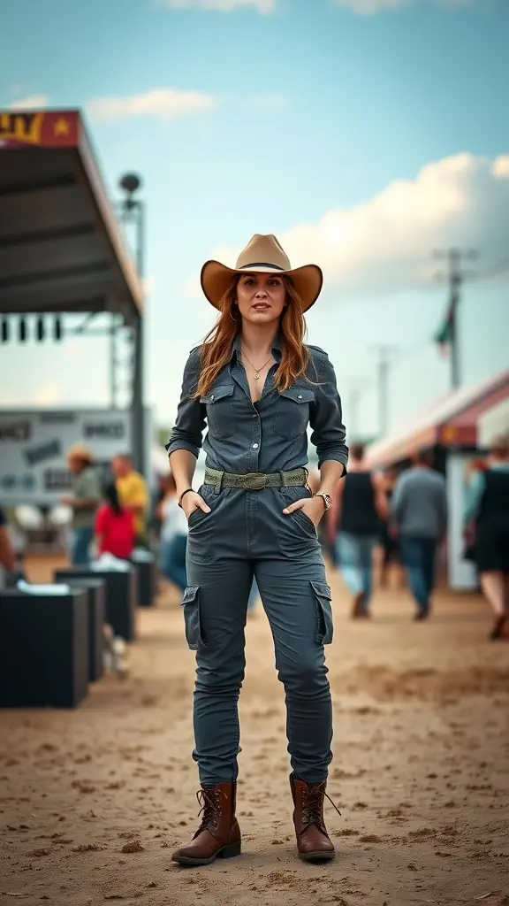 A woman wearing a rugged utility jumpsuit, brown boots, and a hat at a country concert.