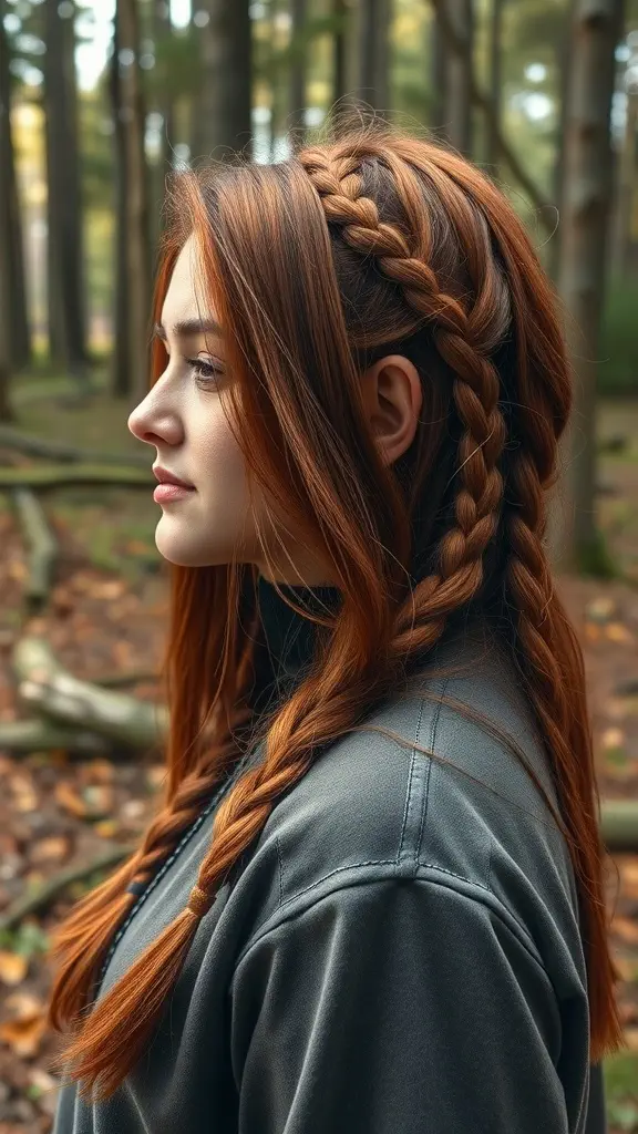 Model with rustic redwood hair color styled in braids, standing in a forest setting