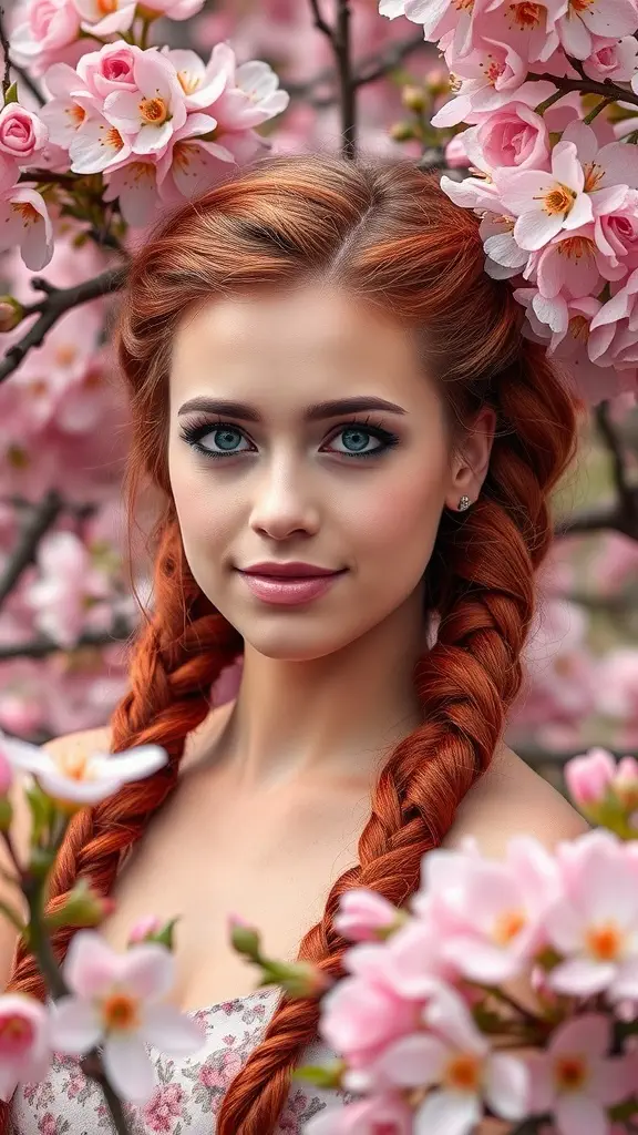 A woman with rusty red braids surrounded by pink flowers.