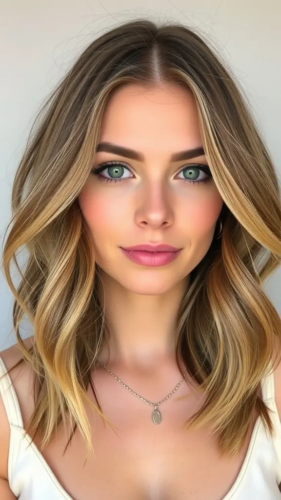 A woman with sandy brown blend hair color, featuring soft highlights and waves, smiling at the camera.