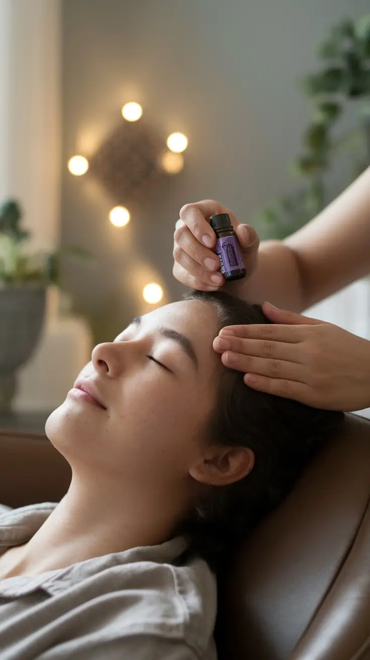 A person receiving a scalp treatment with essential oils, promoting hair care.