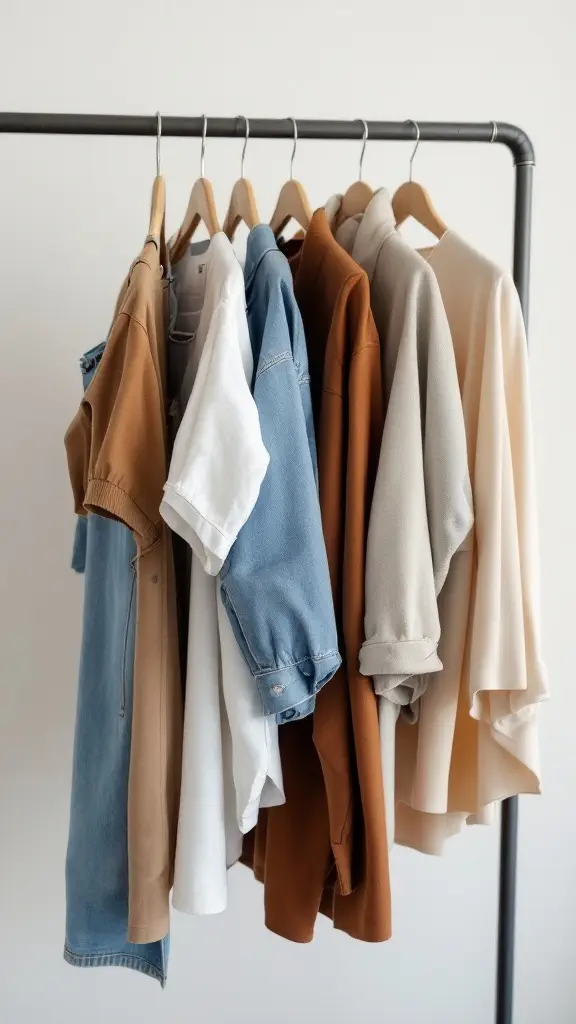 A clothing rack featuring various tops in warm and neutral colors, ideal for seasonal outfit transitioning.