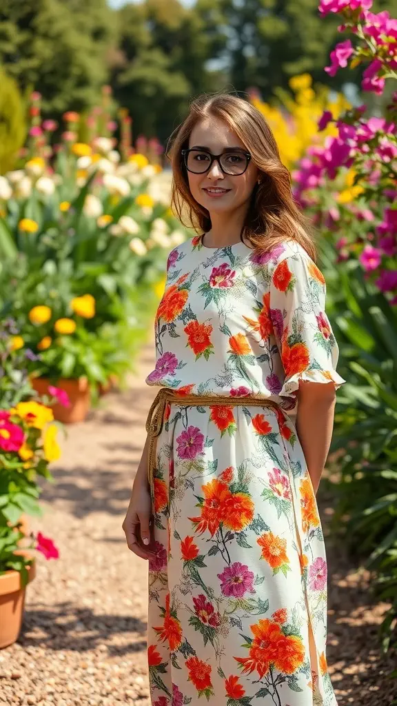 A woman wearing a floral dress standing in a garden filled with colorful flowers.