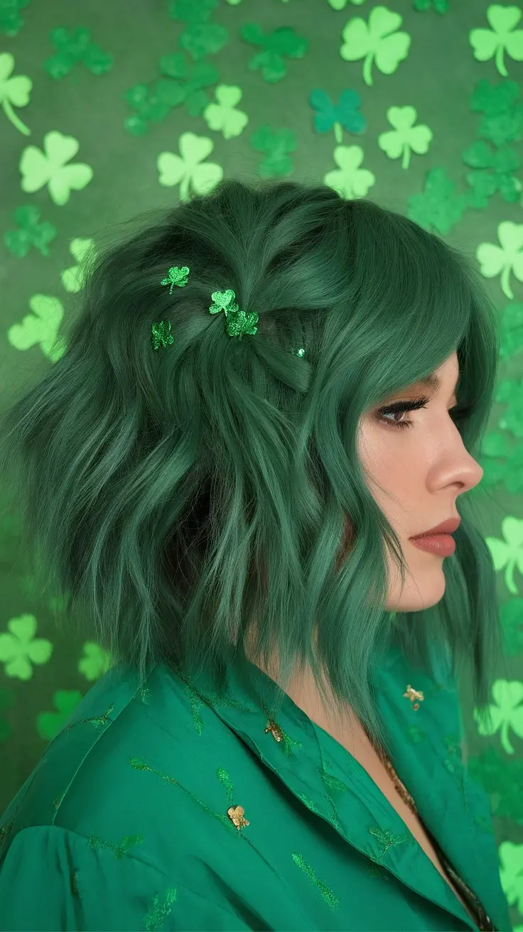 A woman with a green shag haircut decorated with shamrock clips against a green background