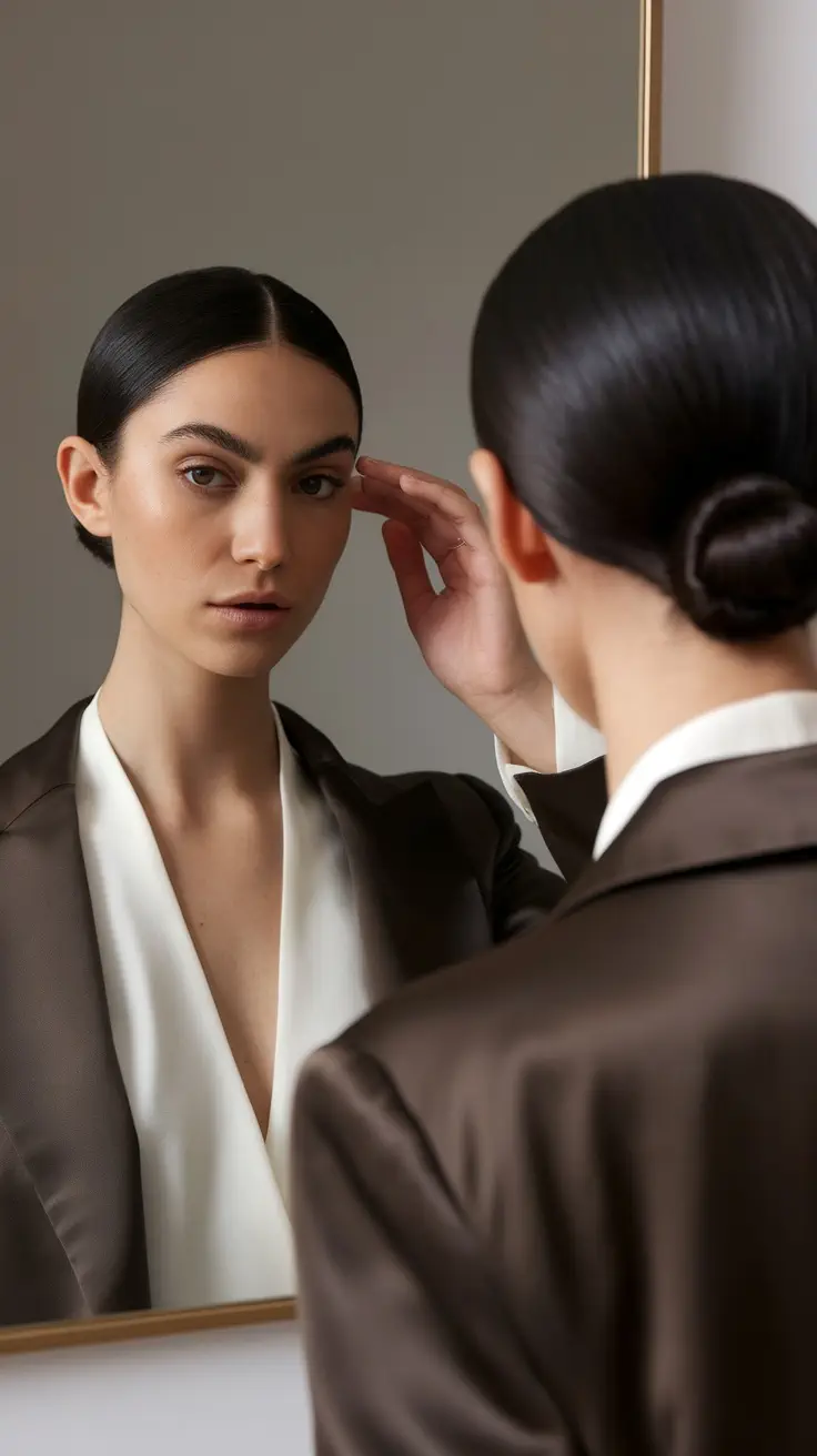 A woman styling her sleek low bun hairstyle in front of a mirror.