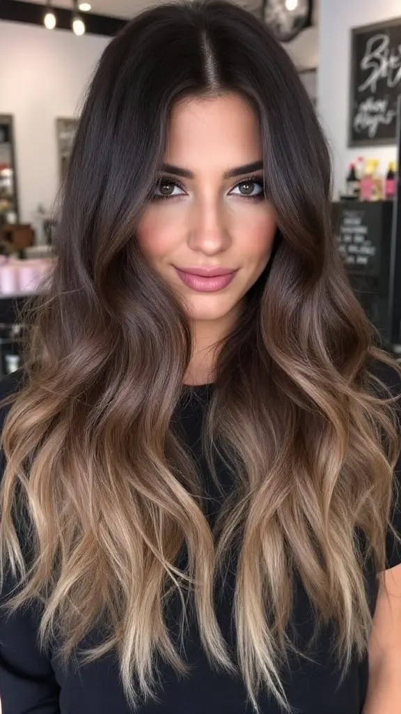 A woman with smoky brown ombre hair styled in soft waves, showcasing a gradient effect from dark roots to lighter ends.
