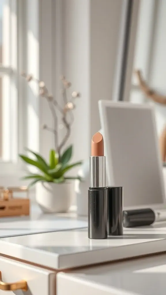 Soft nude lipstick on a bright vanity with natural light