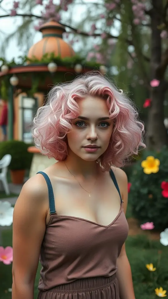 A woman with soft pastel pink curly hair standing in a vibrant garden.