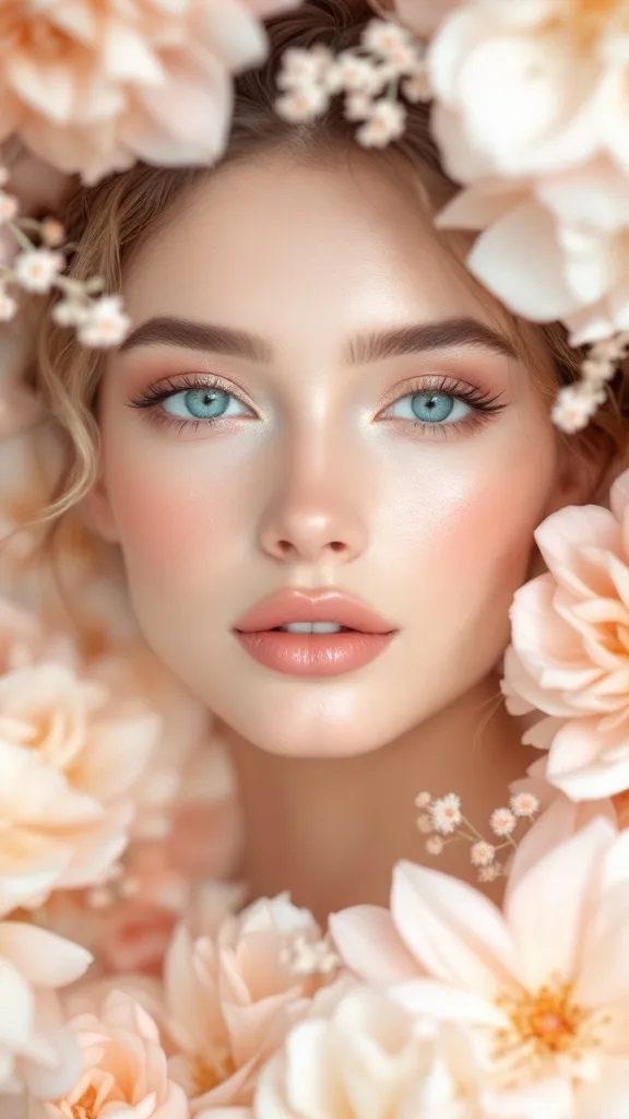 A woman with blue eyes surrounded by peach flowers, wearing soft peach makeup.
