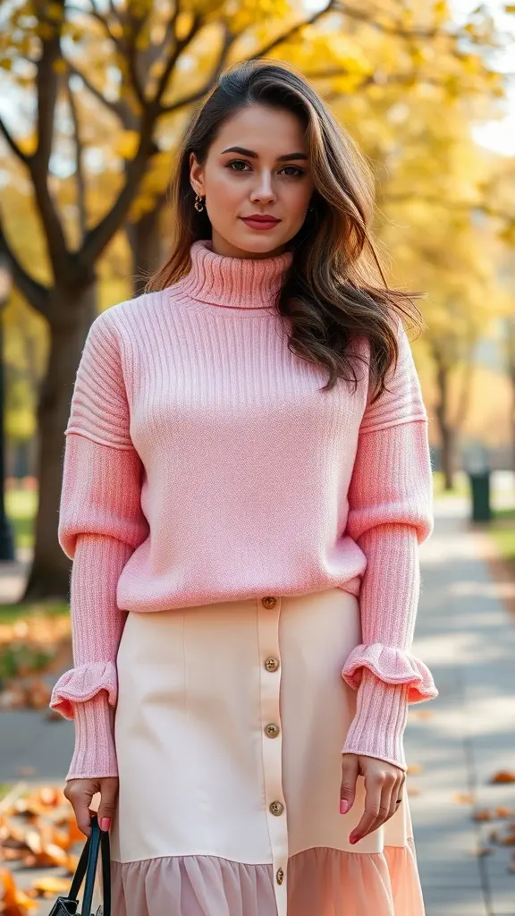 Woman wearing a soft pink sweater and a pastel skirt in a park