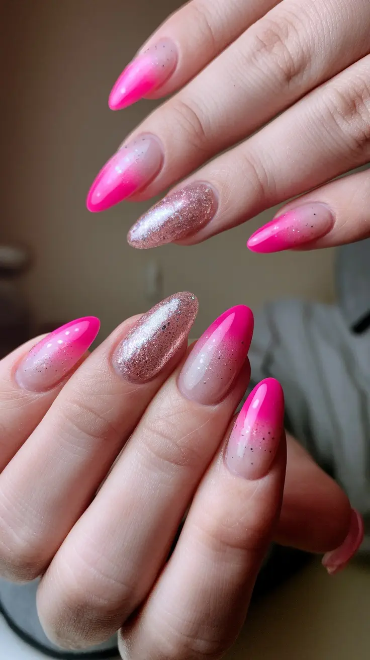 Sparkling pink ombre nails with glitter and a mix of shades.
