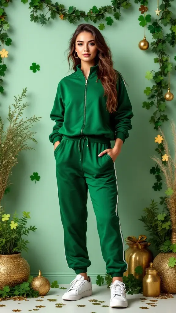 Woman in a green tracksuit with white stripes and sneakers, surrounded by St. Patrick's Day decorations.