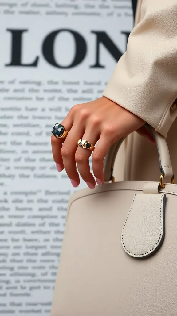 A hand holding a beige handbag while wearing stylish statement rings.